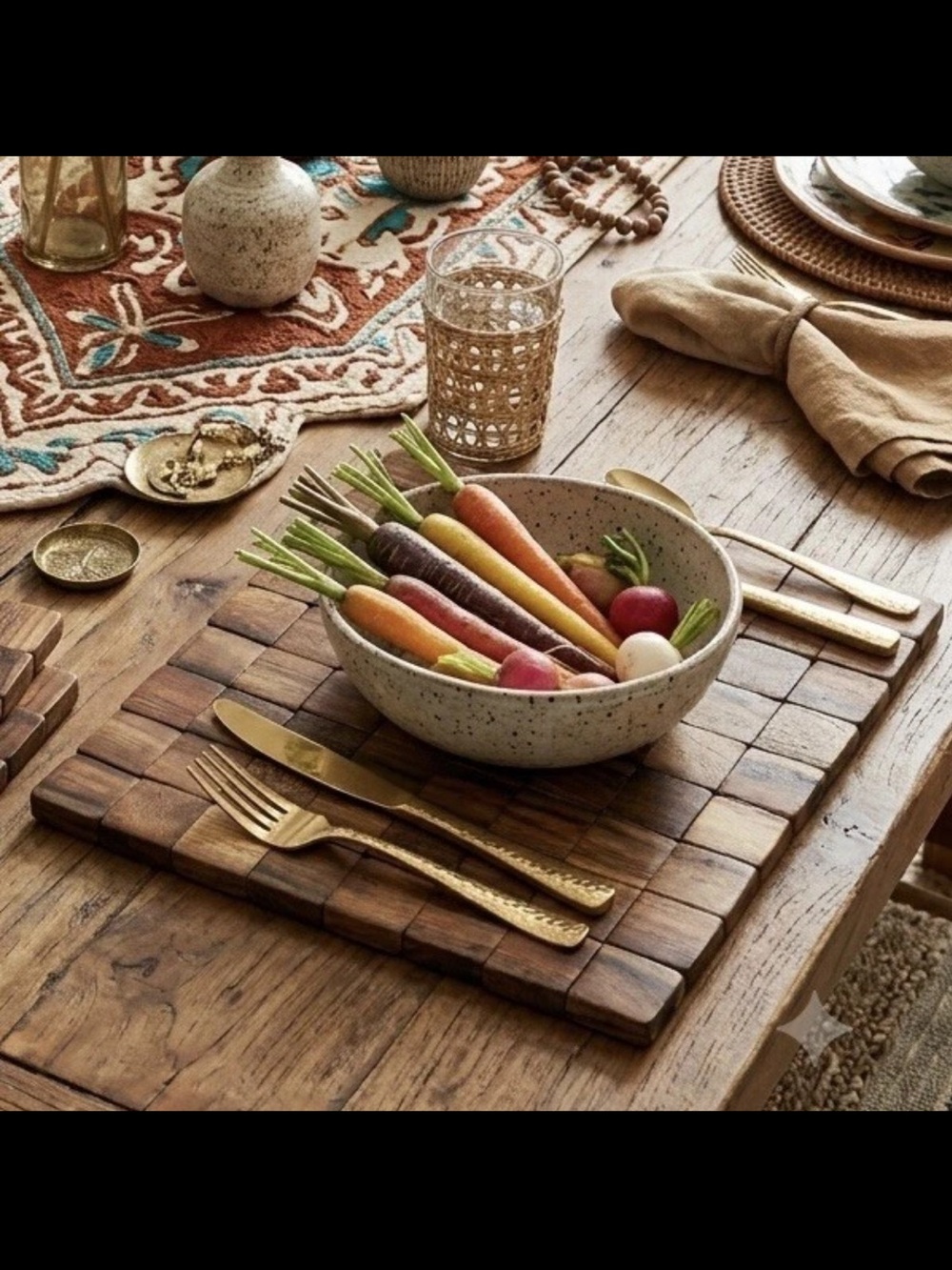 Set Of 4 Vintage Wooden Block Tile Placemats 13.25" x 13.75" Boho Costal Natural